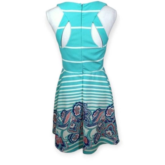 AS U WISH TURQUOISE & WHITE STRIPE & FLORAL DRESS SZ.L EUC. - Picture 5 of 8